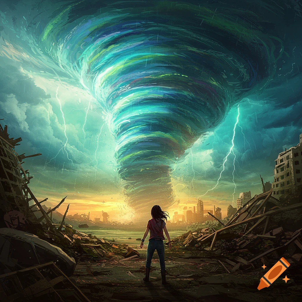 A person stands before a massive, colorful tornado tearing through a destroyed city landscape with lightning.