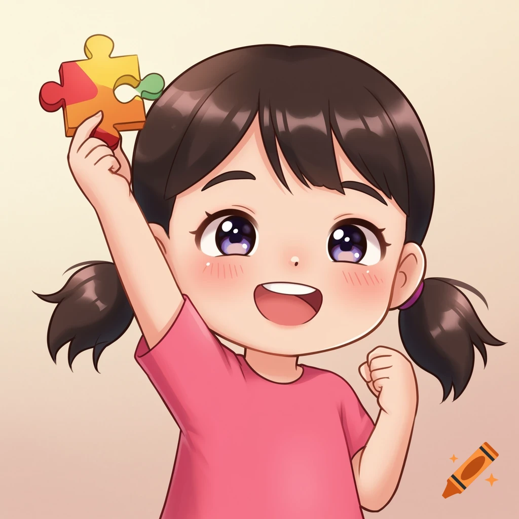 Chibi girl holding a puzzle piece aloft, smiling excitedly in a cartoon style.