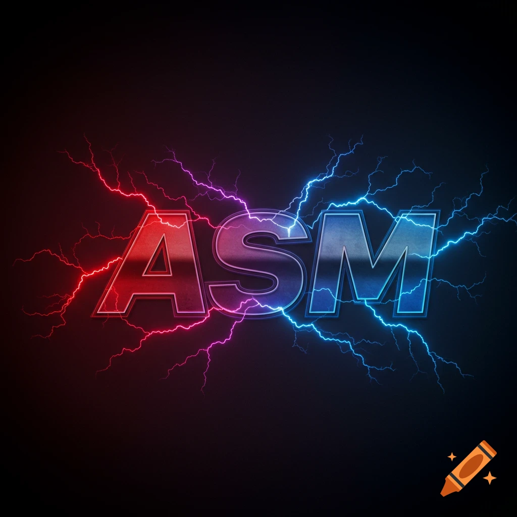 ASM logo with red and blue lightning effects