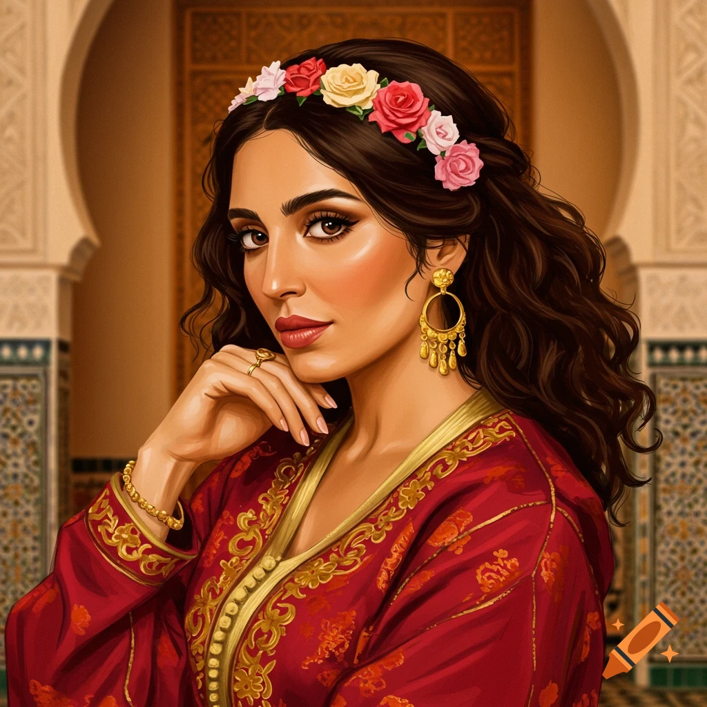 Portrait of a woman in a red dress and flower crown with gold jewelry, illustration.