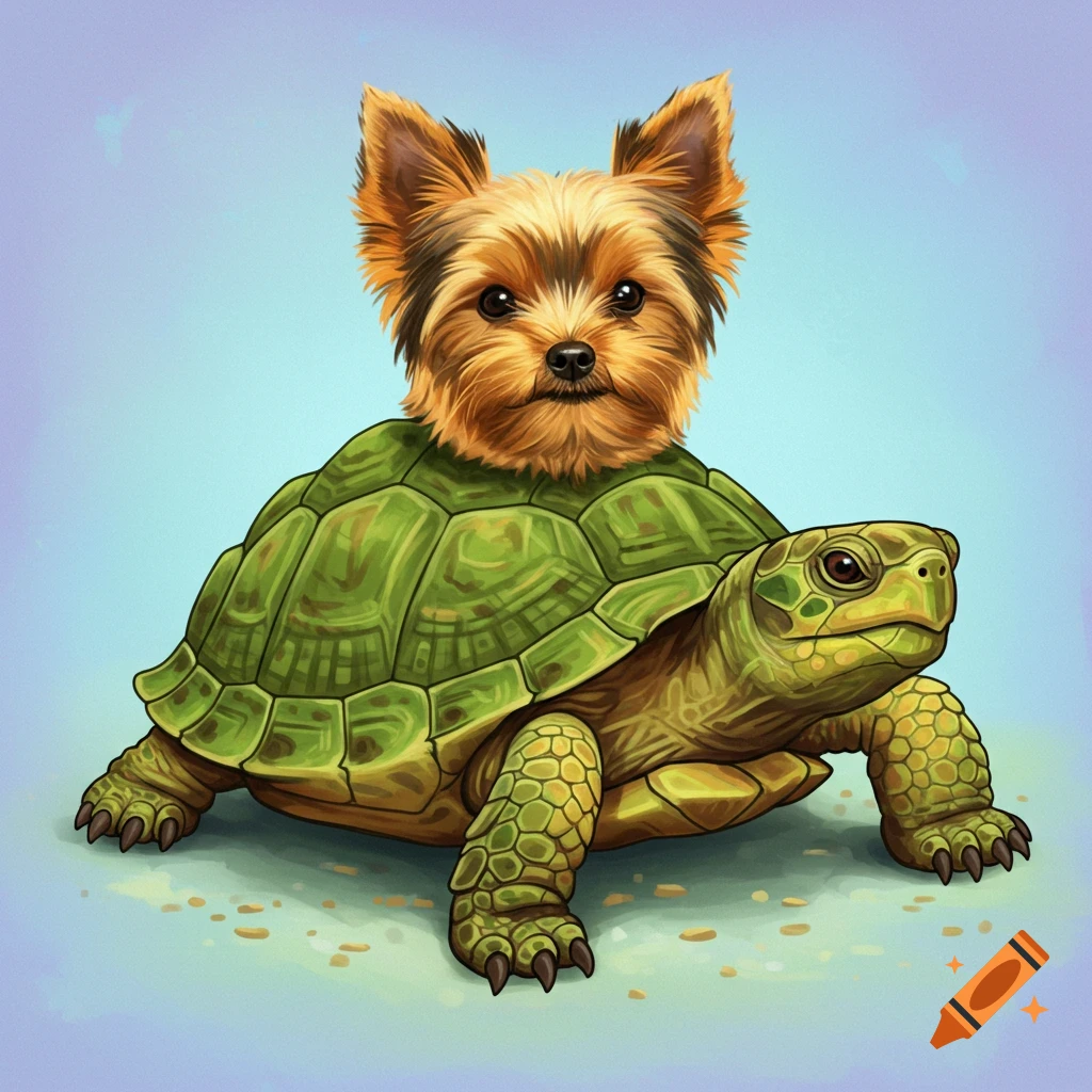 Digital illustration of a turtle with the head of a Yorkshire Terrier dog.