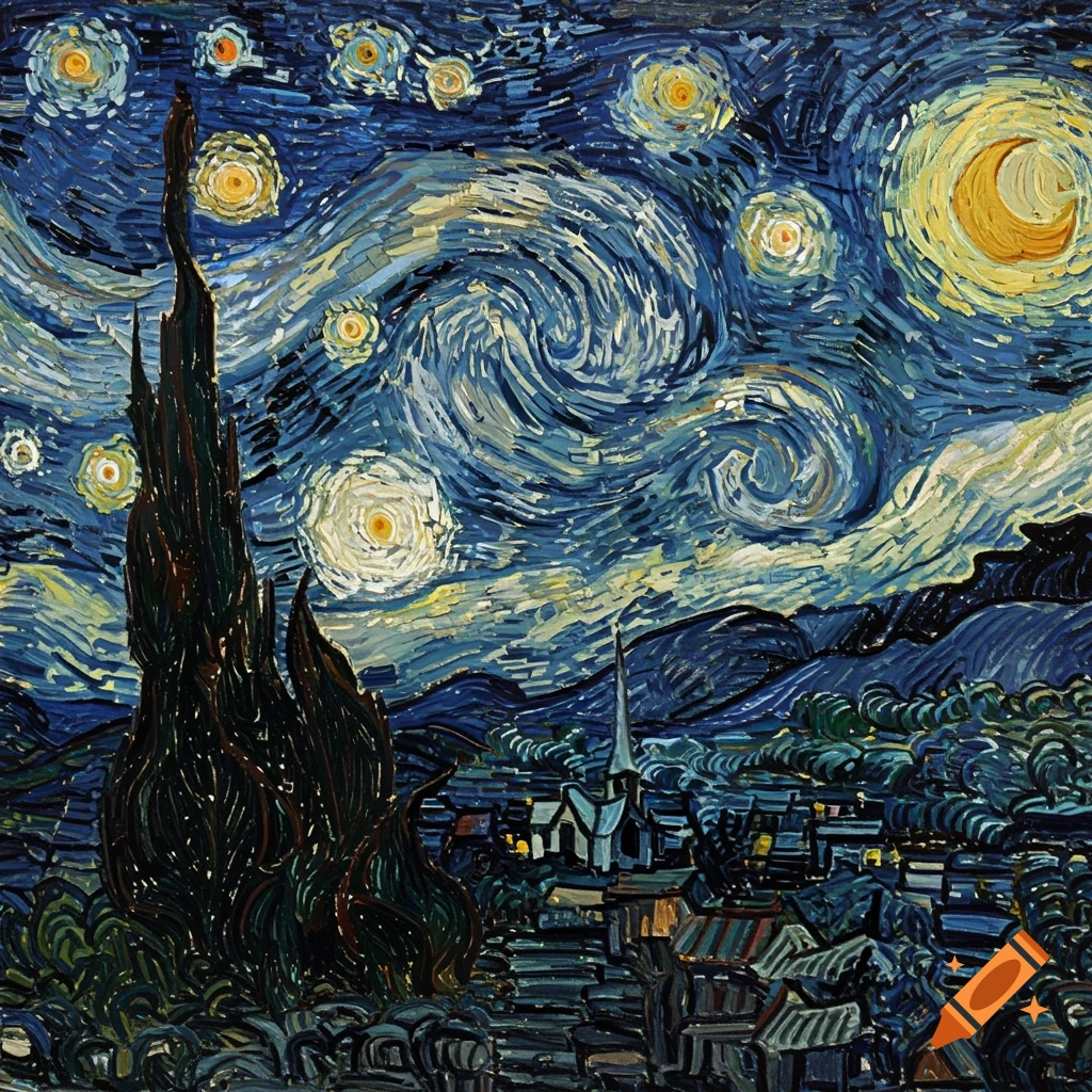 A painting of a swirling starry night sky over a village with a tall cypress tree, in the style of Van Gogh.
