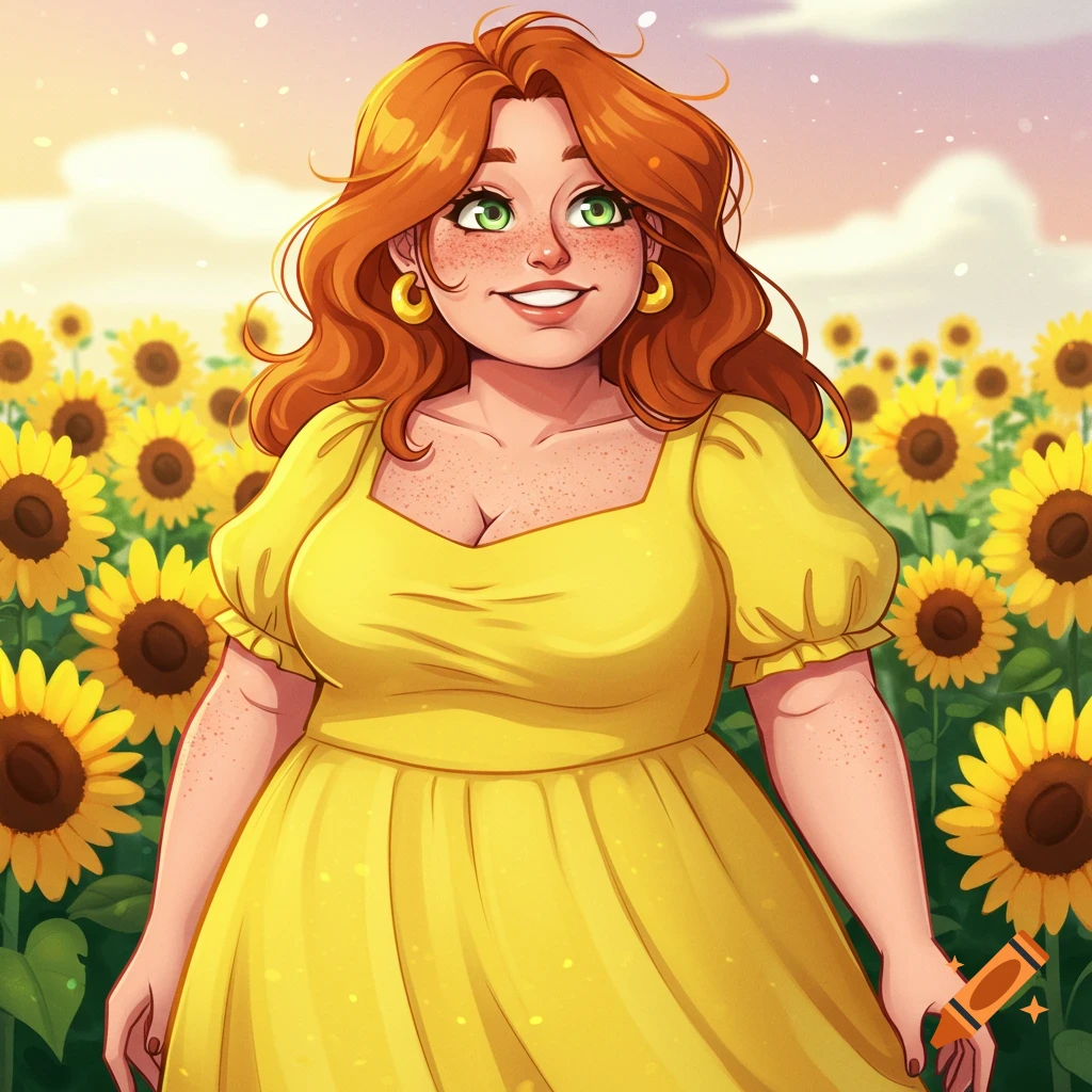 Illustrative portrait of a woman with red hair in a yellow dress standing in a field of sunflowers.