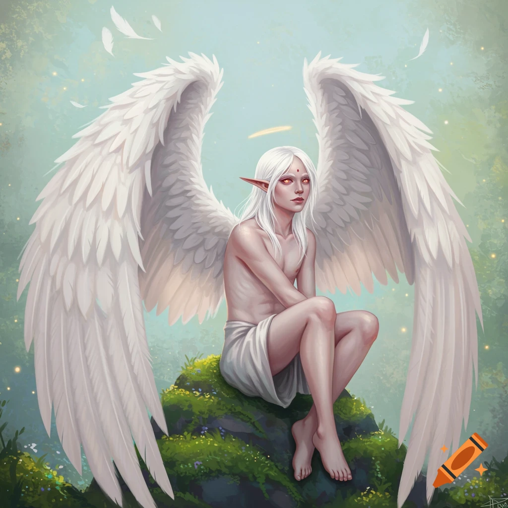 A fantasy character with large white wings, white hair, and red eyes sits on a mossy rock.