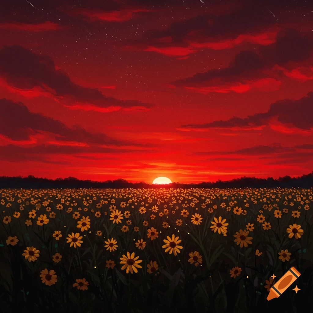 A field of yellow flowers under a bright red sunset sky with stars.