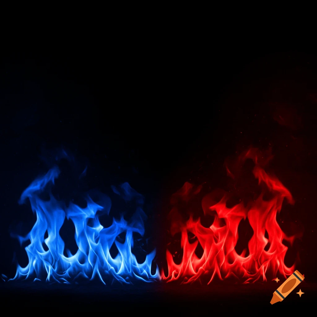 Blue and red fire on black background, realistic