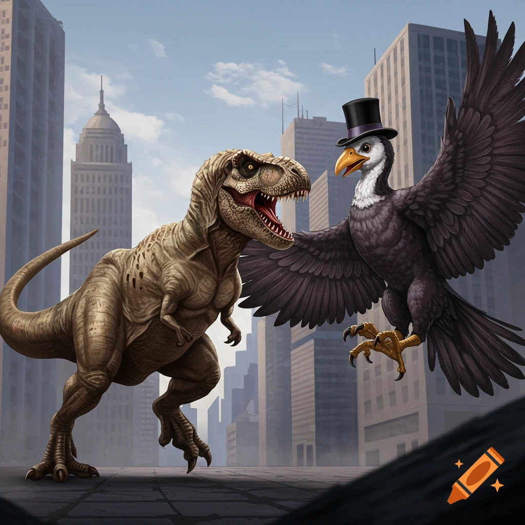 An illustrated T-Rex confronts a large bird wearing a top hat in a city.