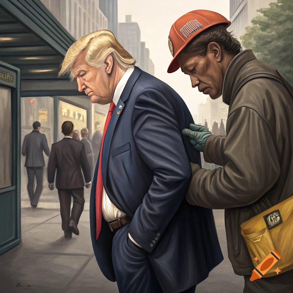 Painting of Donald Trump in a suit in a city, with a worker in a hard hat reaching towards his back pocket.
