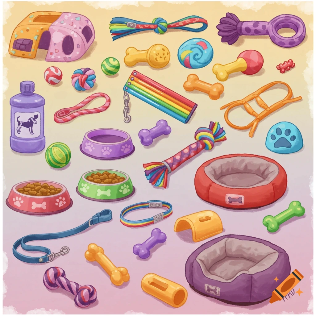 A colorful illustration of various dog pet supplies including toys, beds, bowls, a leash, and a bottle.