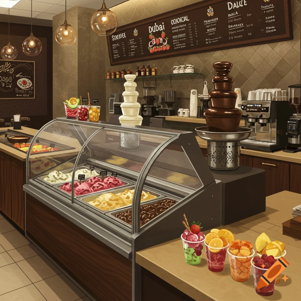Coffee shop and ice cream parlor with showcases, chocolate fountains, coffee machines, and modern furniture.