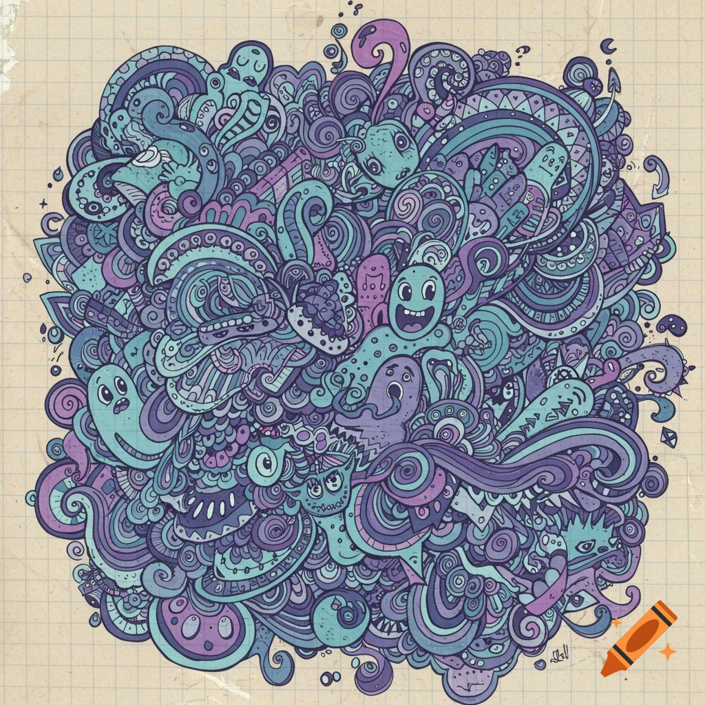 Chaotic doodle of purple and teal abstract creatures and patterns on notebook paper.