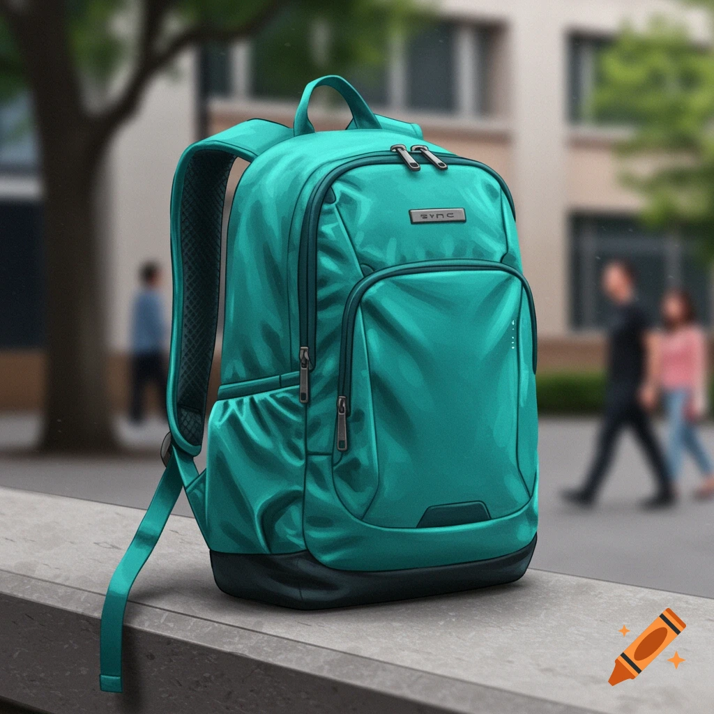 Teal backpack on a concrete ledge with blurred background