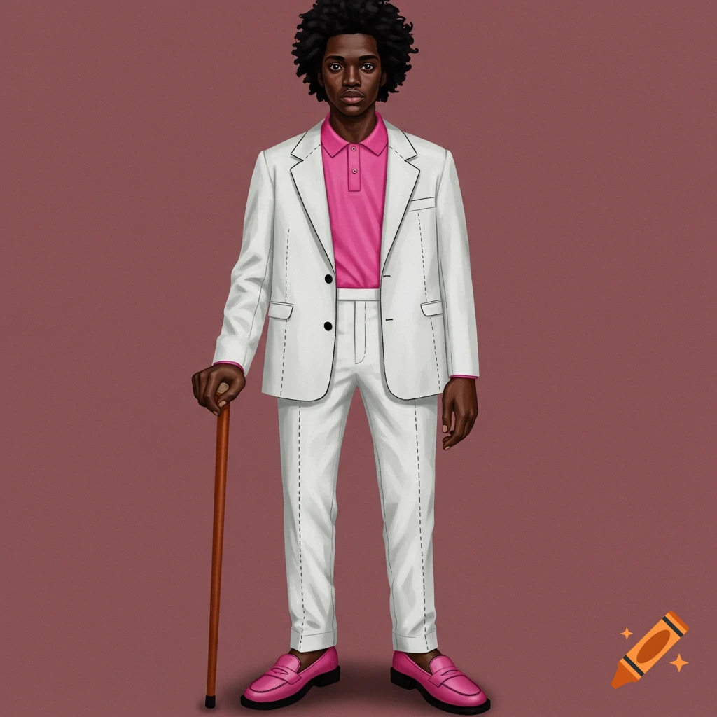Black man in white suit, pink polo, and pink loafers holding a cane.