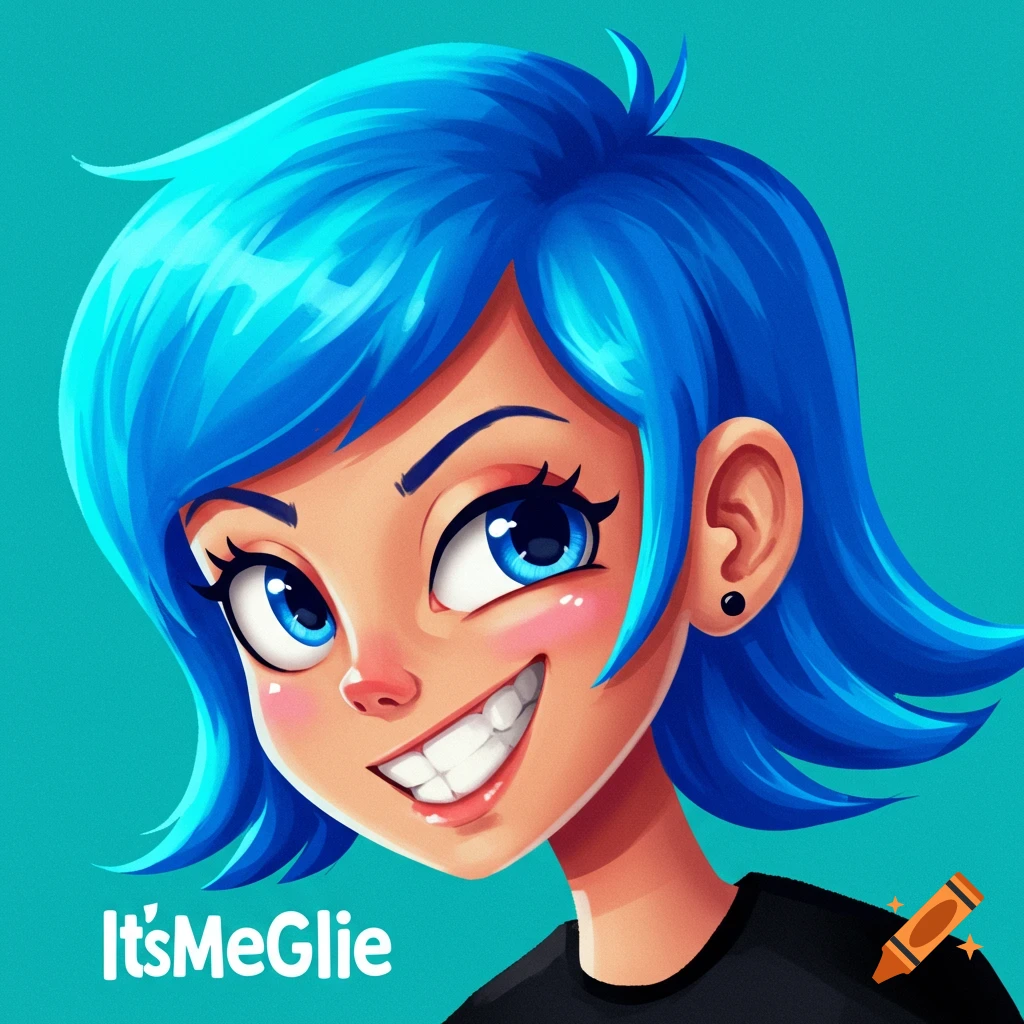 Cartoon portrait of a person with blue hair, smiling, with 'ItsMeGlie' text.