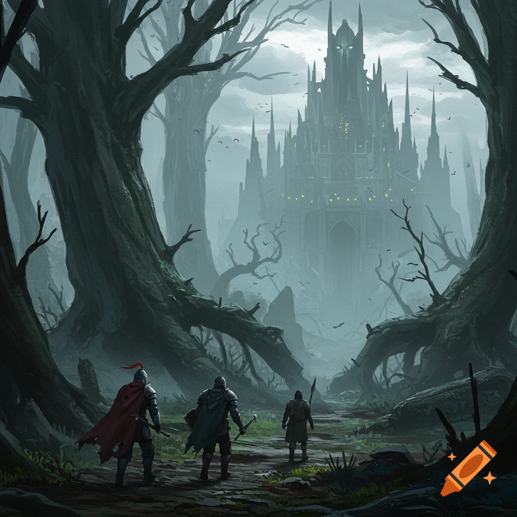 Three armored figures walk a path through a dark forest towards a large, spiky castle in the mist. Dark fantasy illustration.