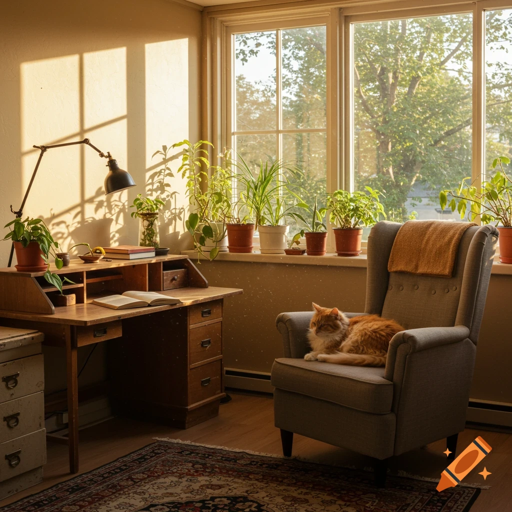 A cozy room interior with a sunny window, desk, chair, plants, and a cat resting on the chair.