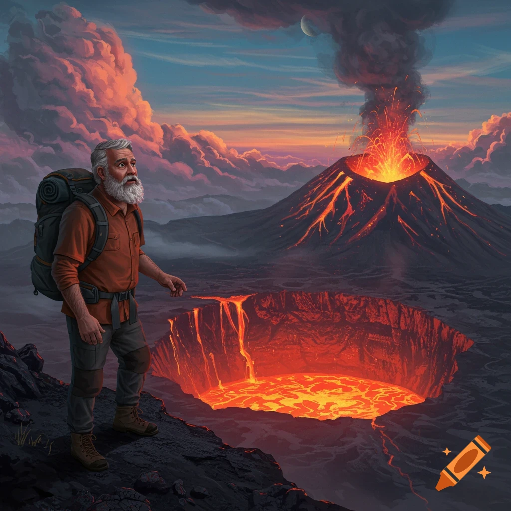 A man with a backpack looks at a crater of lava and an erupting volcano under a dramatic sky.