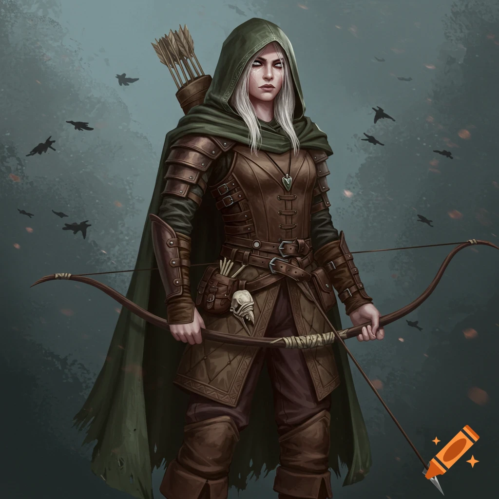 A female fantasy ranger in a hooded cloak and leather armor holding a bow.