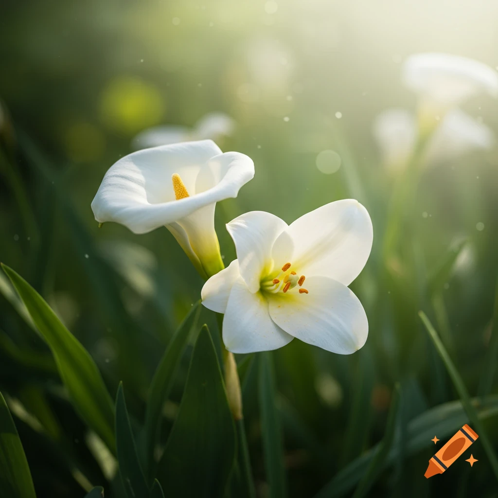 Two white lilies in a garden with sunlight filtering through.
