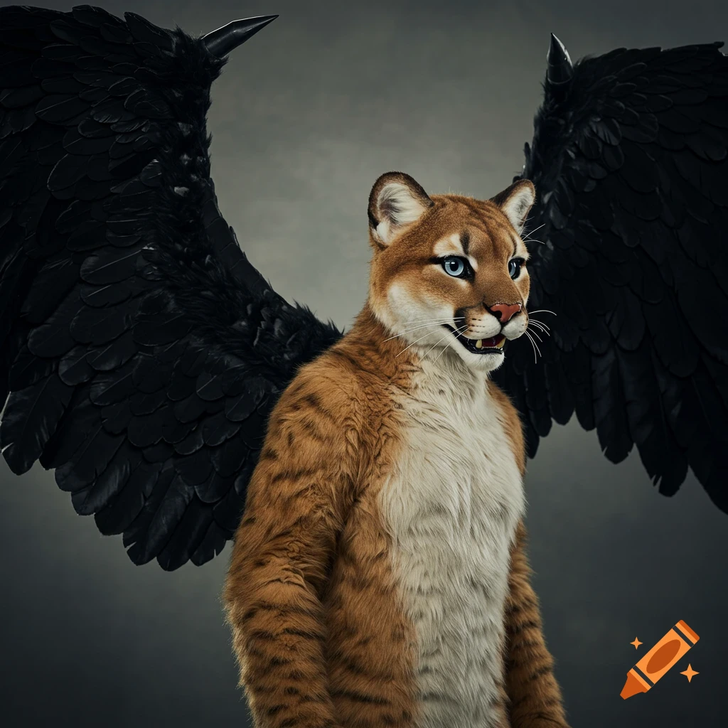 A realistic cougar with large black feathered wings.