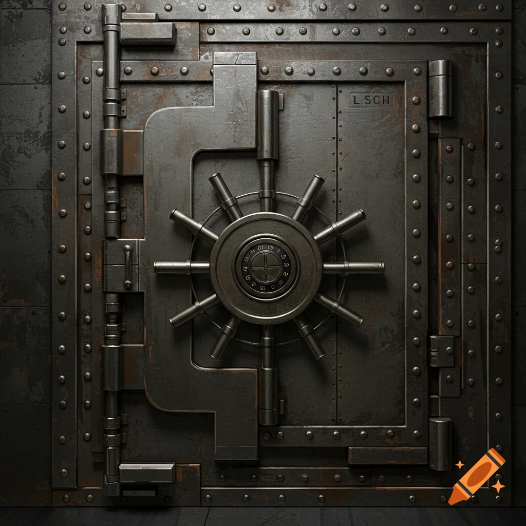 Close-up of a detailed, dark metallic vault door with a large central dial and handles.