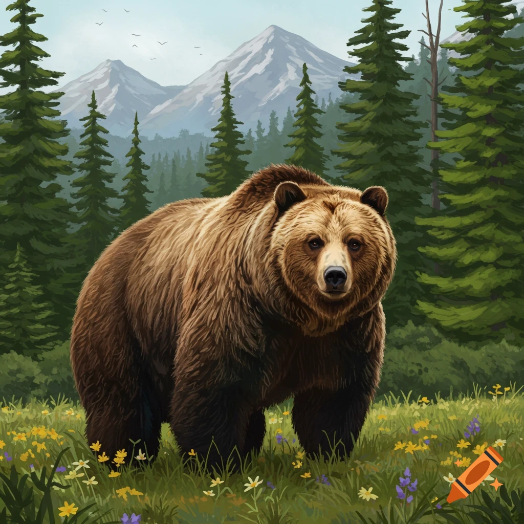 A grizzly bear stands in a field of wildflowers with pine trees and mountains in the background.