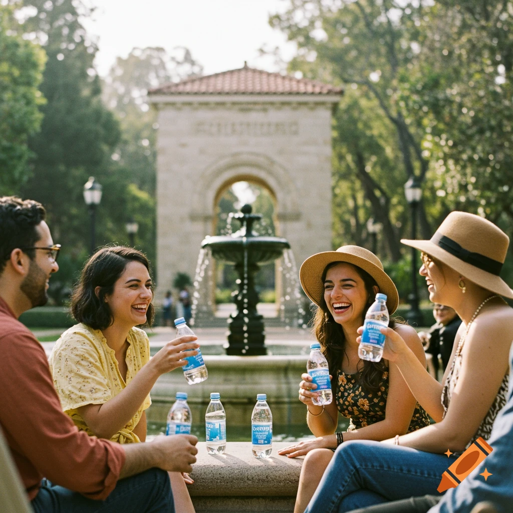 Four friends laugh while drinking water bottles near a fountain in a park.