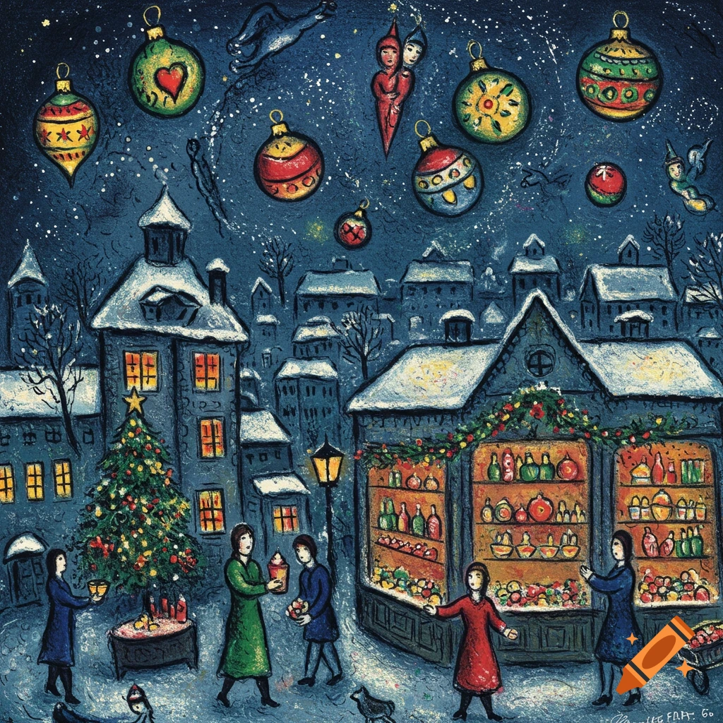 A winter scene with people shopping outside a Christmas store, with large ornaments floating in the starry sky, in the style of Chagall.