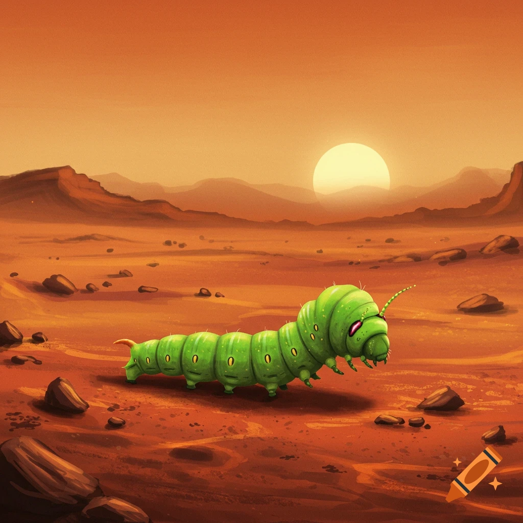A large green caterpillar on the surface of Mars under an orange sky with mountains.