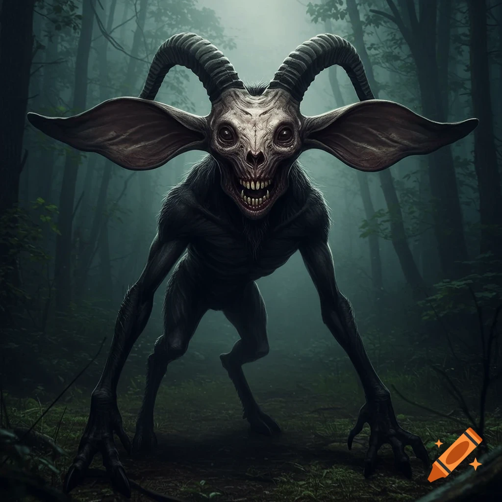A demonic goat creature with huge ears and talons stands in a dark forest.
