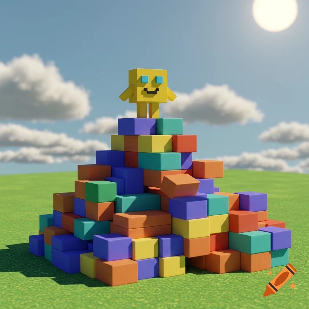 A yellow block character stands on a pile of colorful blocks under a sunny sky in a 3D render.