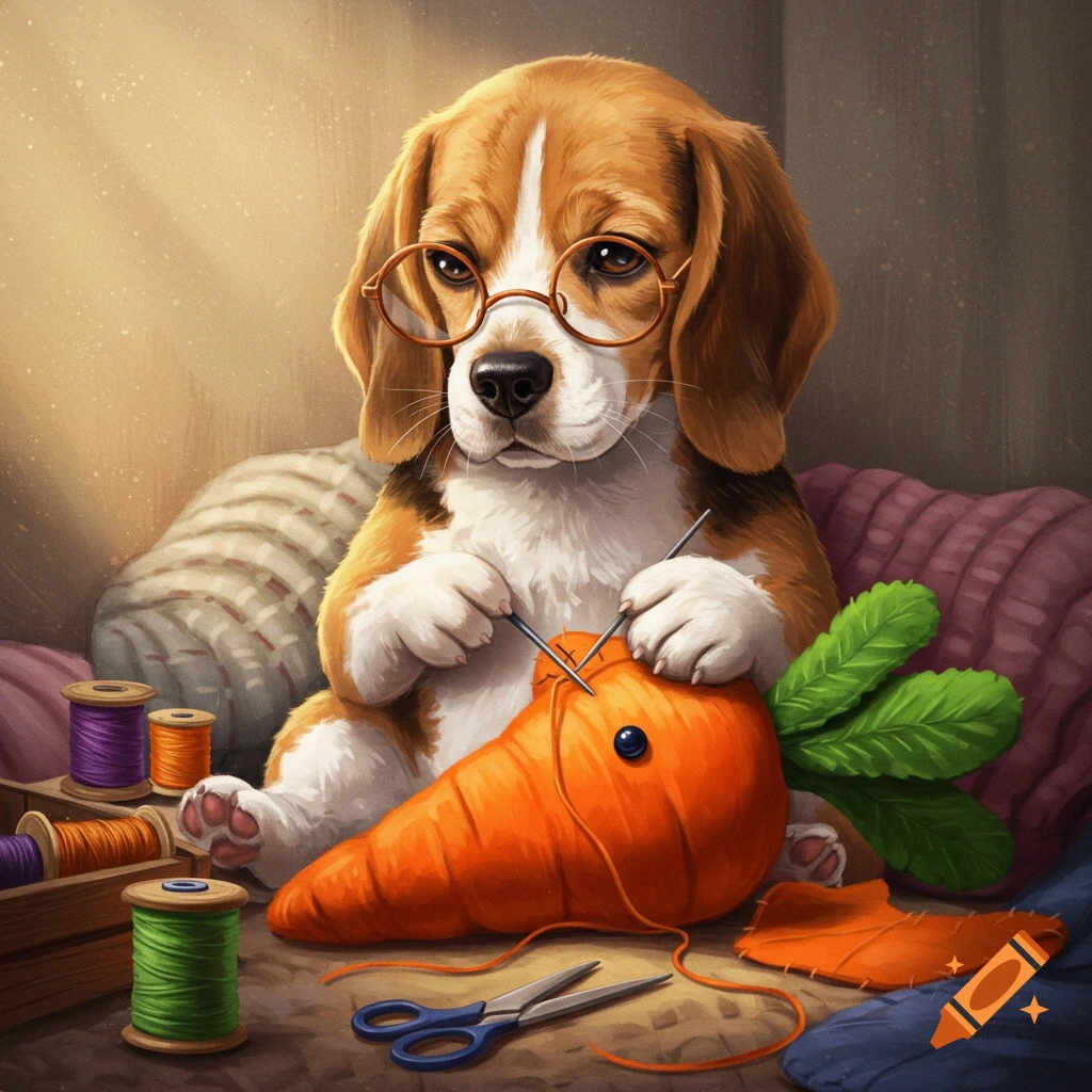 Illustrative portrait of a beagle puppy wearing glasses, sewing a stuffed carrot.