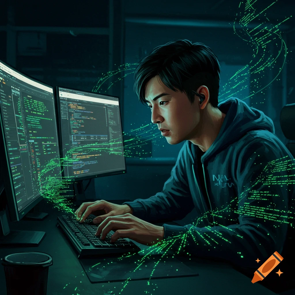 An image of a hacker coding on multiple computer monitors with green code streaming around him.