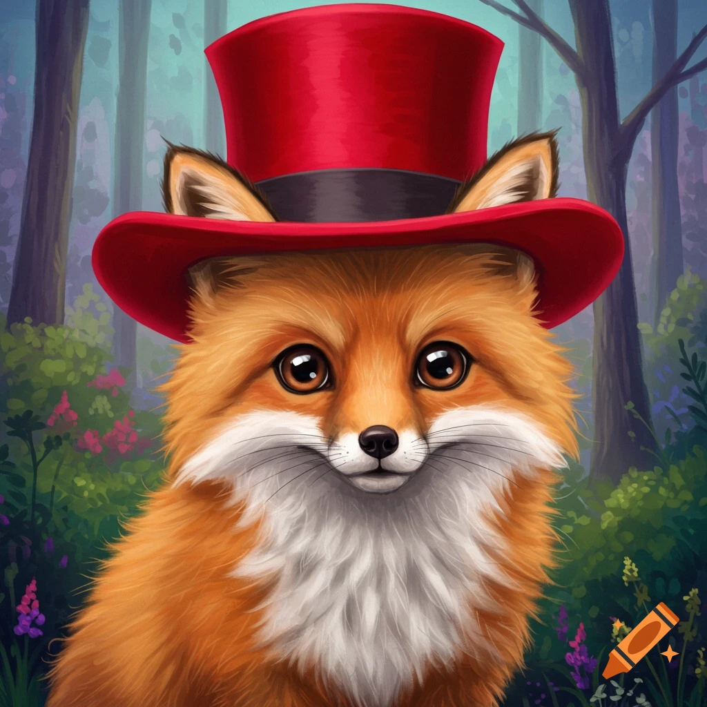 An illustration of a cute fox wearing a red top hat in a forest setting.