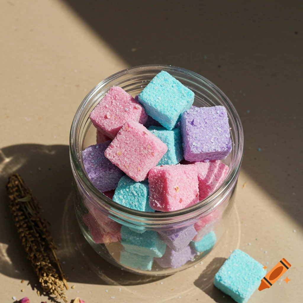 A jar filled with pink, blue, and purple bath cubes, with one spilled outside.