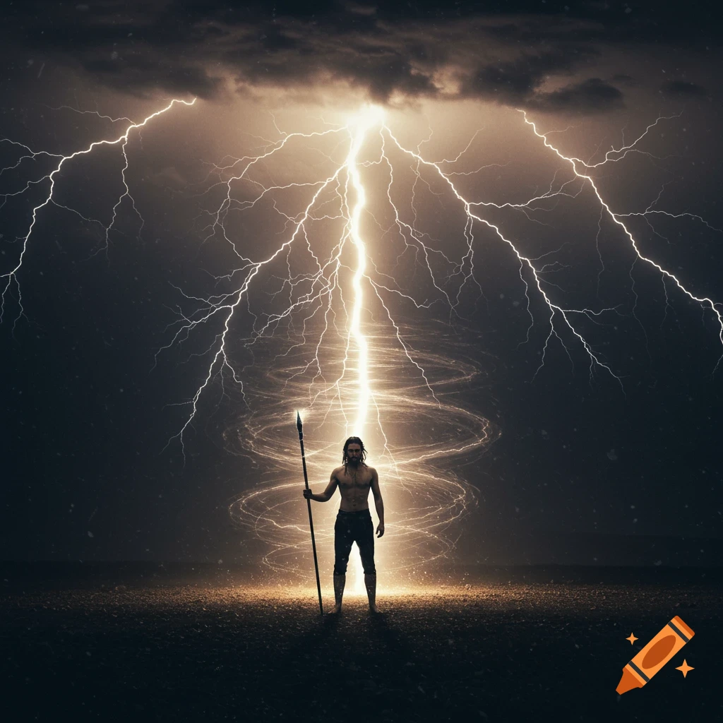 Shirtless man with spear standing under dramatic lightning