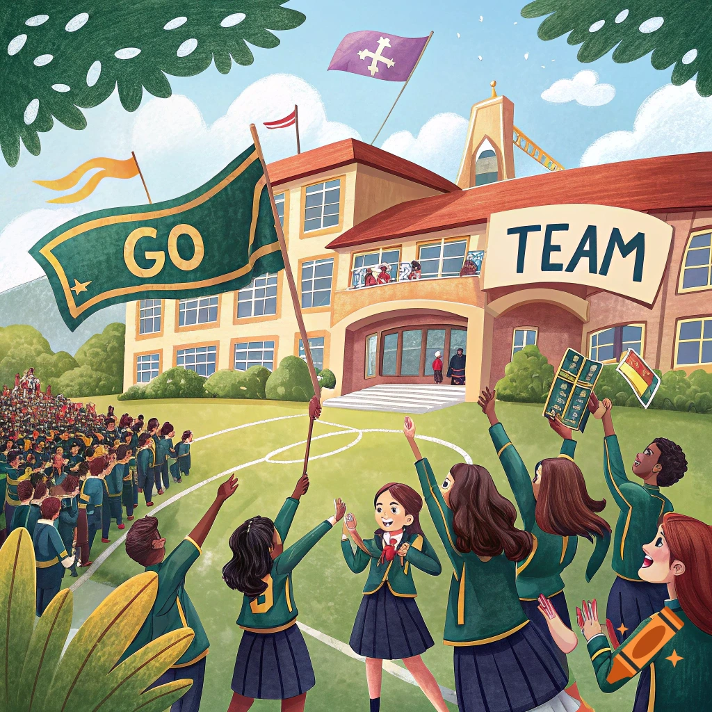 An illustration of students cheering at a school sports event, holding flags that say GO and standing in front of the school building with TEAM written on it.
