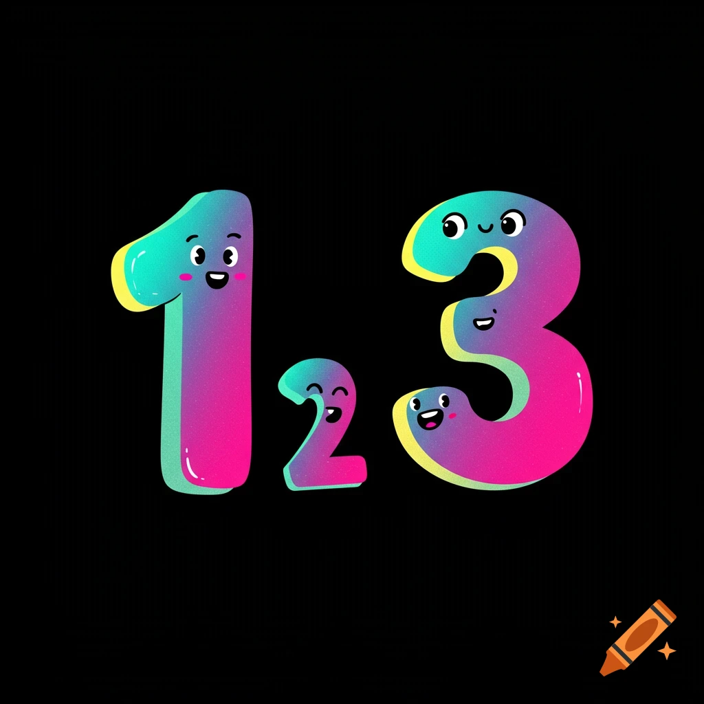 Cute illustrated numbers 1, 2, and 3 with colorful gradient and faces on a black background.
