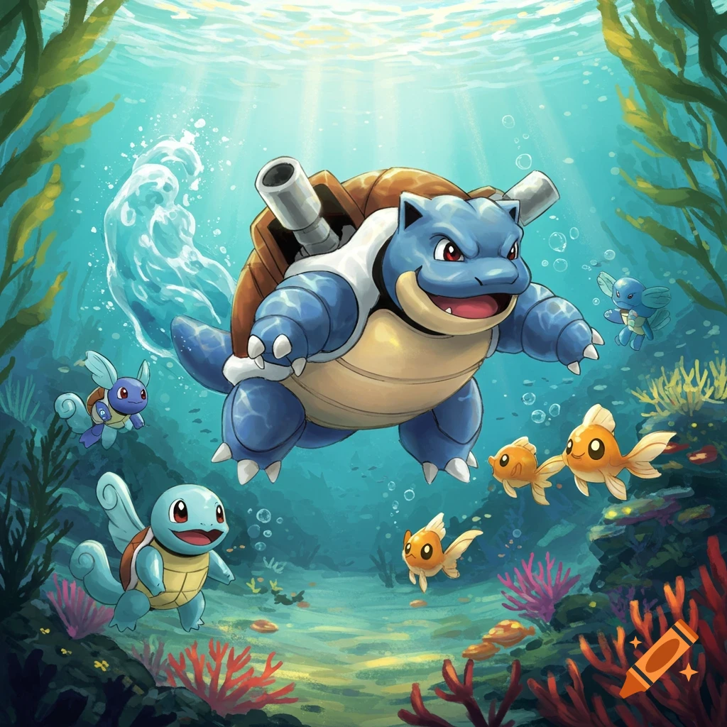 Blastoise swims underwater with smaller Pokemon and fish in an illustration.