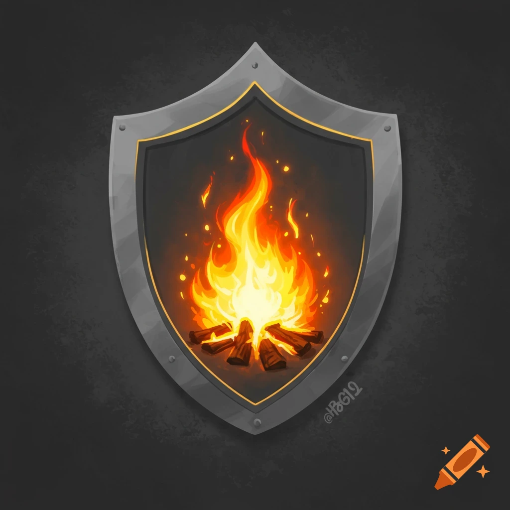 A shield-shaped emblem with a fire in the center, illustration style.