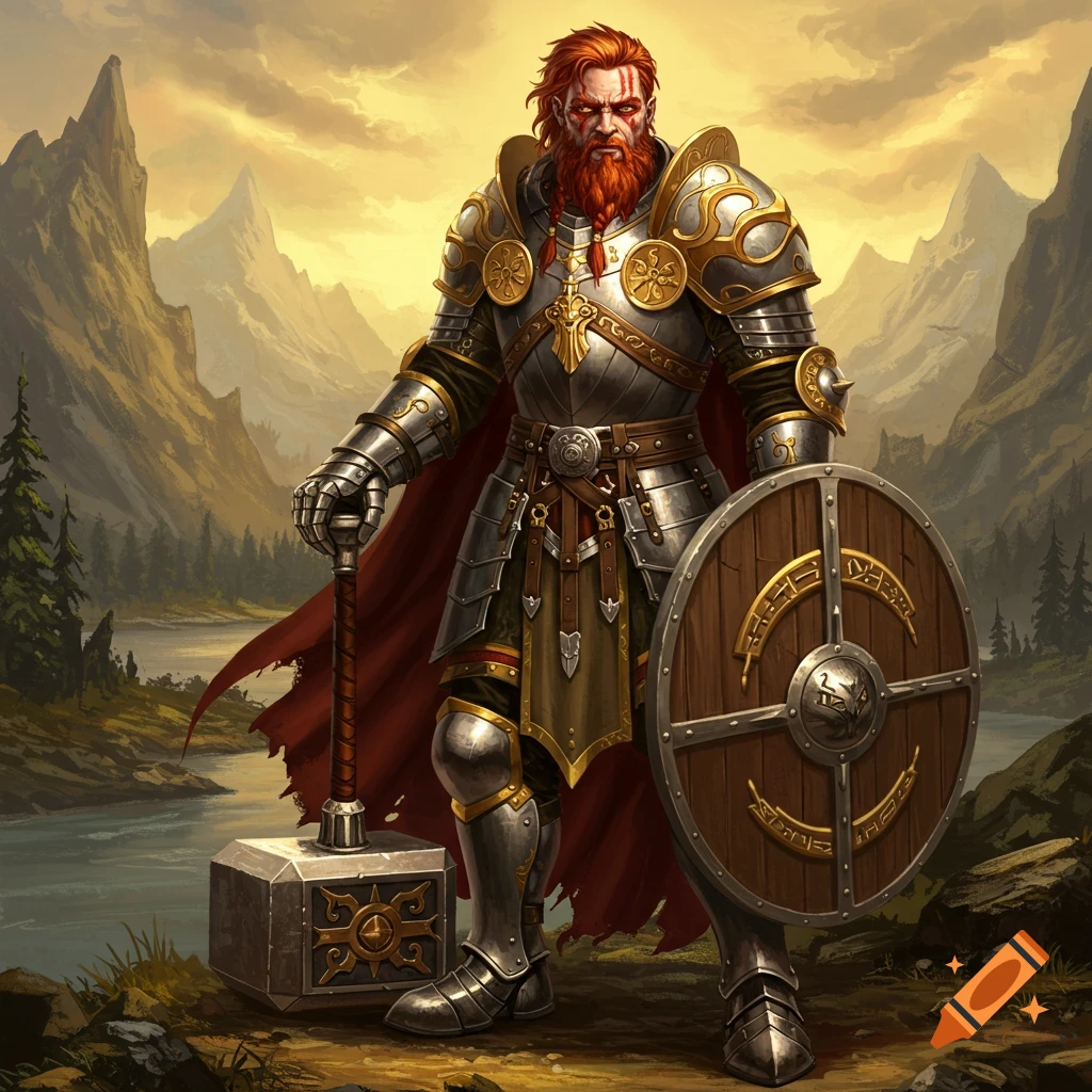 A fantasy warrior in armor stands with a hammer and shield in a mountain landscape.