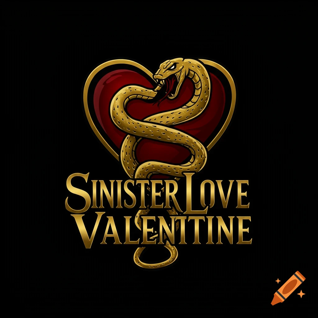 Logo with a gold snake around a red heart and the words Sinister Love Valentine in gold text.