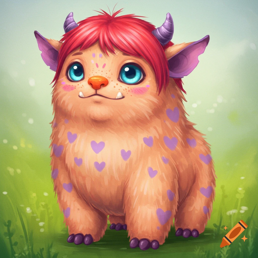 A fluffy orange monster with purple heart spots, red hair, and blue eyes stands in grass.