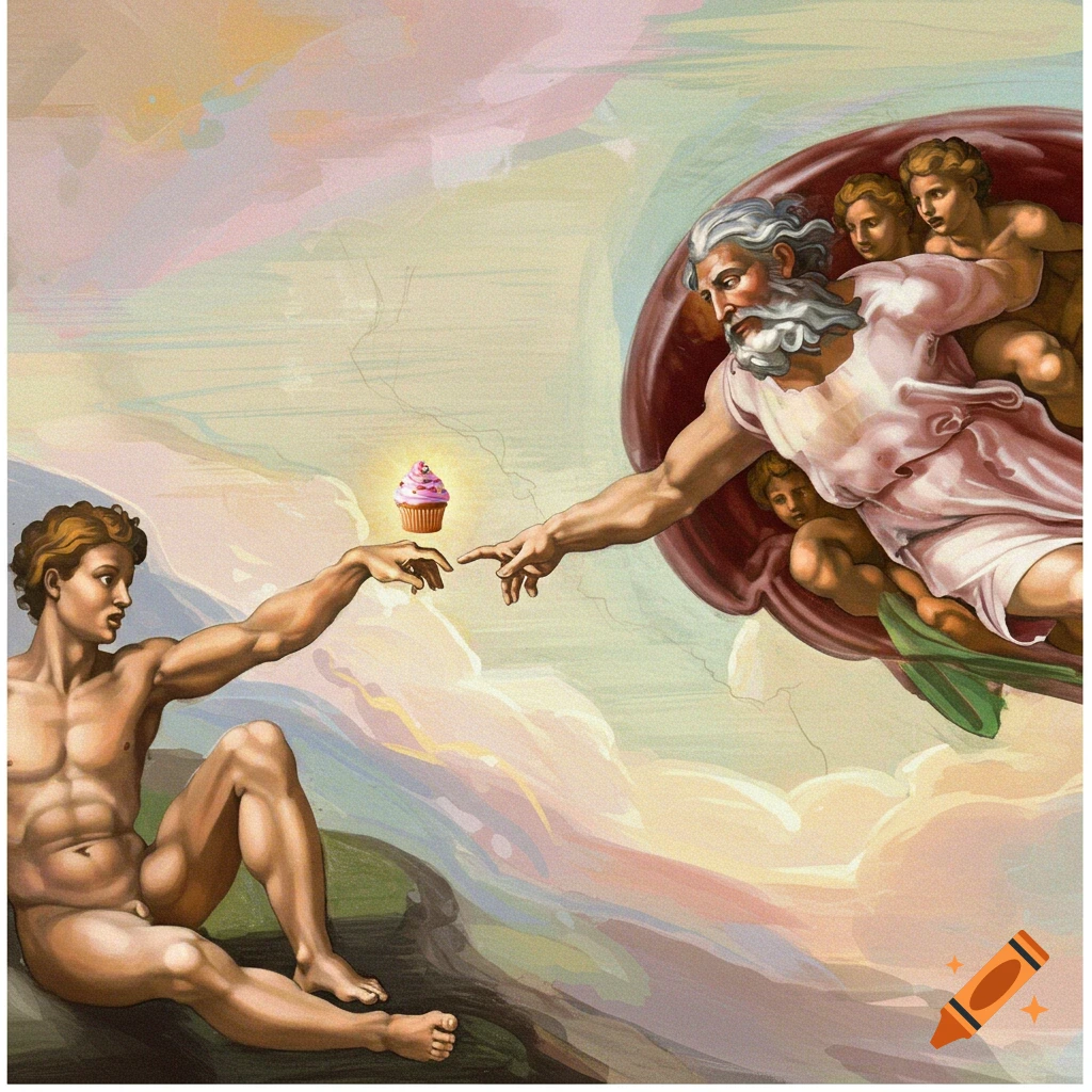 Parody of The Creation of Adam where God gives Adam a cupcake instead of touching fingers, in classical painting style.