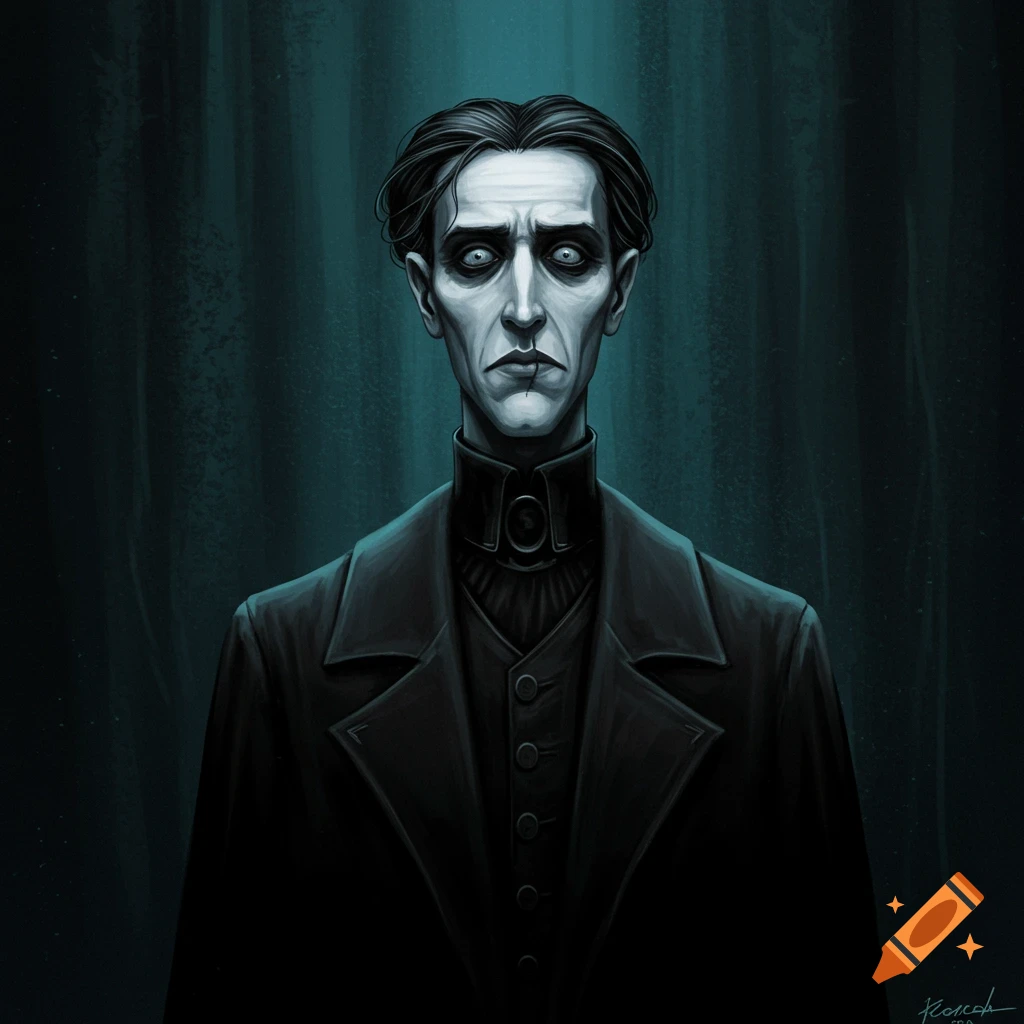 Illustration of a gaunt man with wide eyes in dark clothing against a shadowy background.