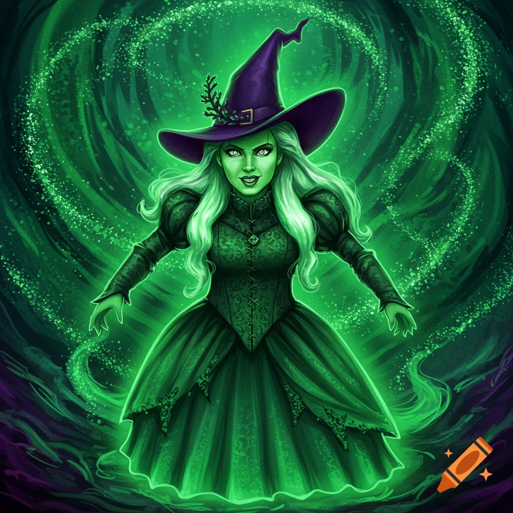 Green-skinned witch in purple hat and green dress with glowing eyes and swirling magic background.
