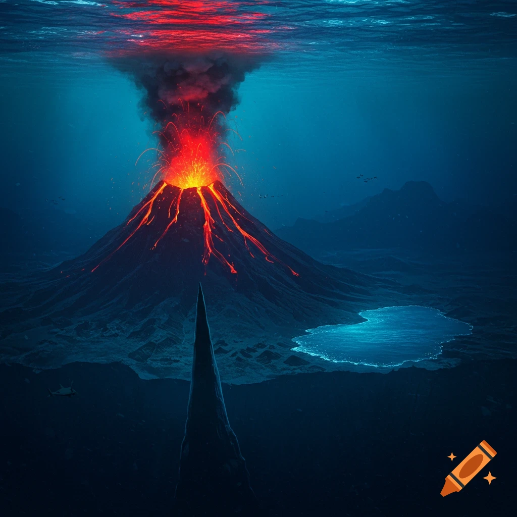 Underwater volcano erupting red lava, with a lake beside it and a dark pointed rock formation.