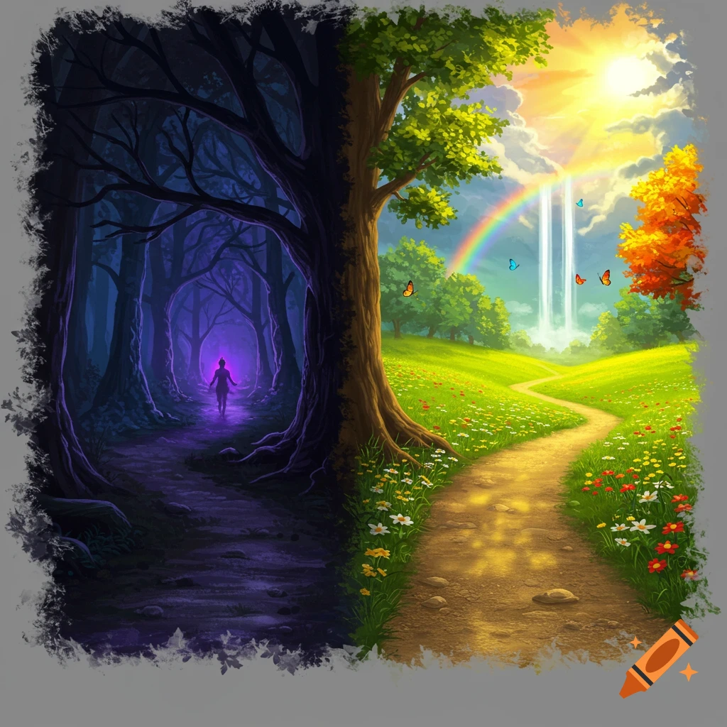Fantasy landscape painting shows a path splitting into a dark forest with a figure and a sunny meadow with a rainbow.