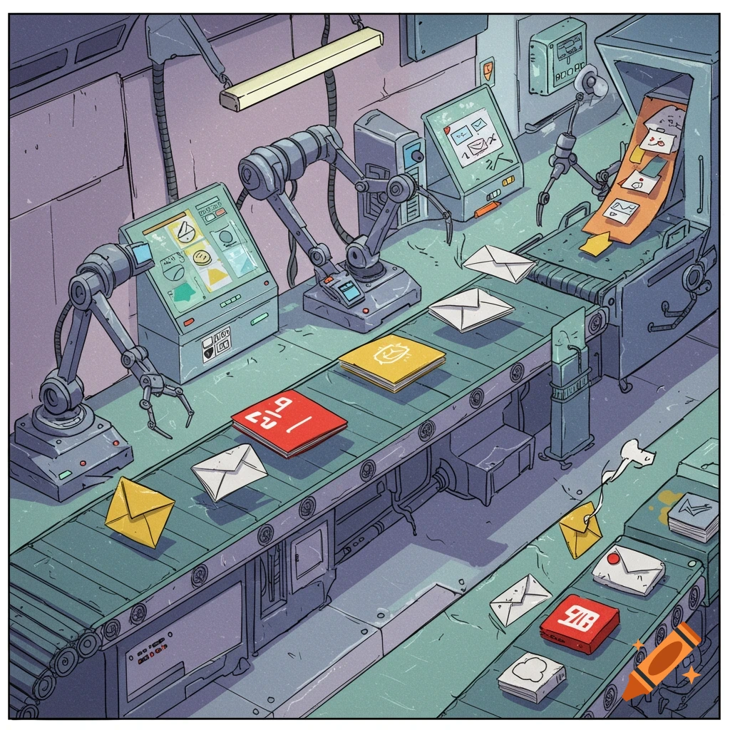 Illustration of robotic arms sorting mail and packages on conveyor belts in an industrial setting.