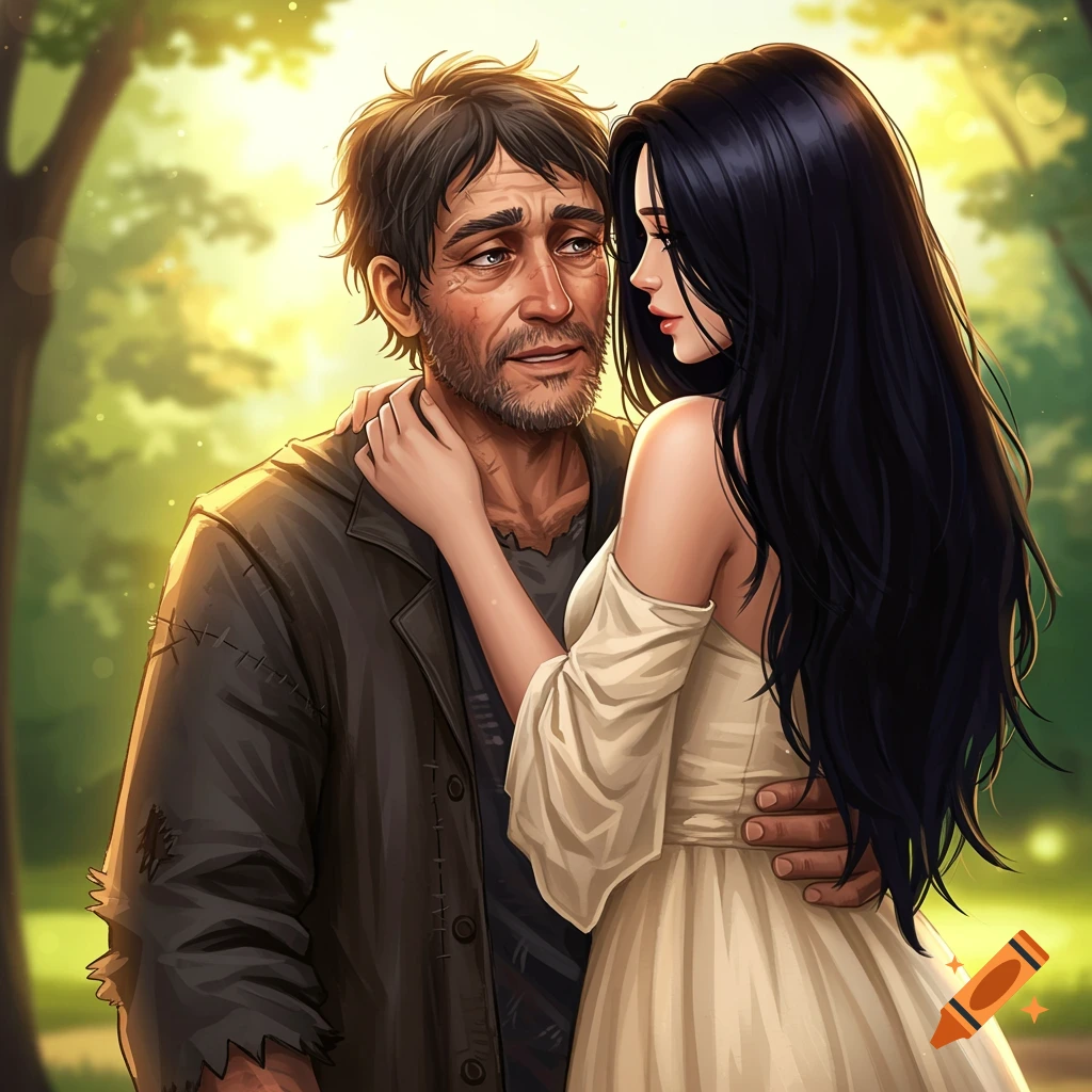 Illustration of a man and woman embracing in a forest clearing